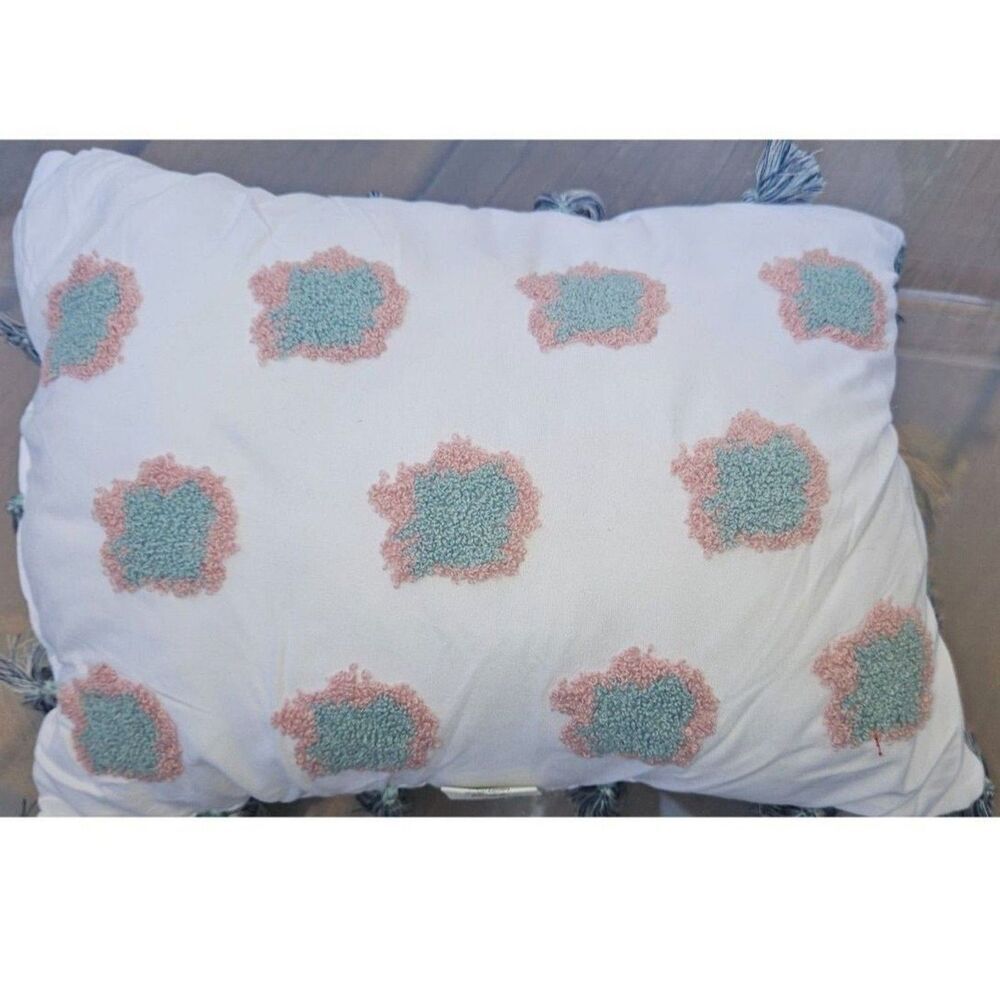 Decorative Throw Lumbar Pillow White Pink Aqua Hook Loop Tassels 11x14 Inch